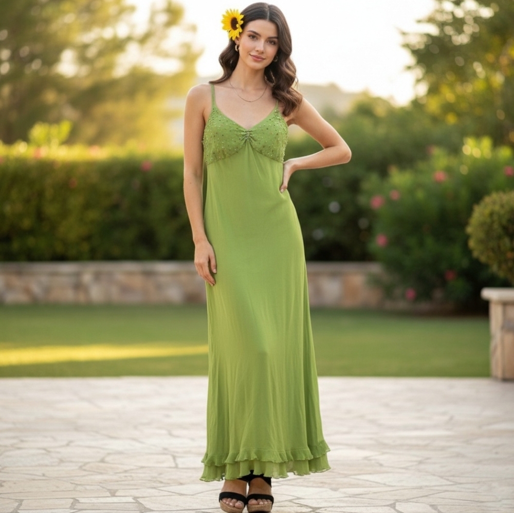 Tibi green Women's Silk beaded dress Ruffle hem size S